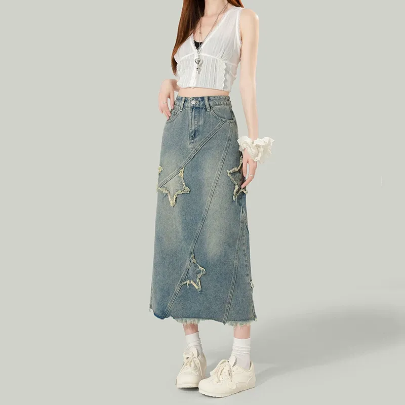 MPOX Denim Long Skirts Women's Blue-4