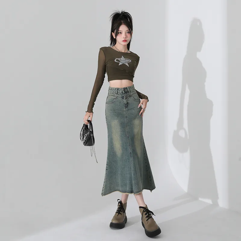 YINLEI Denim Long Skirt Women's-1