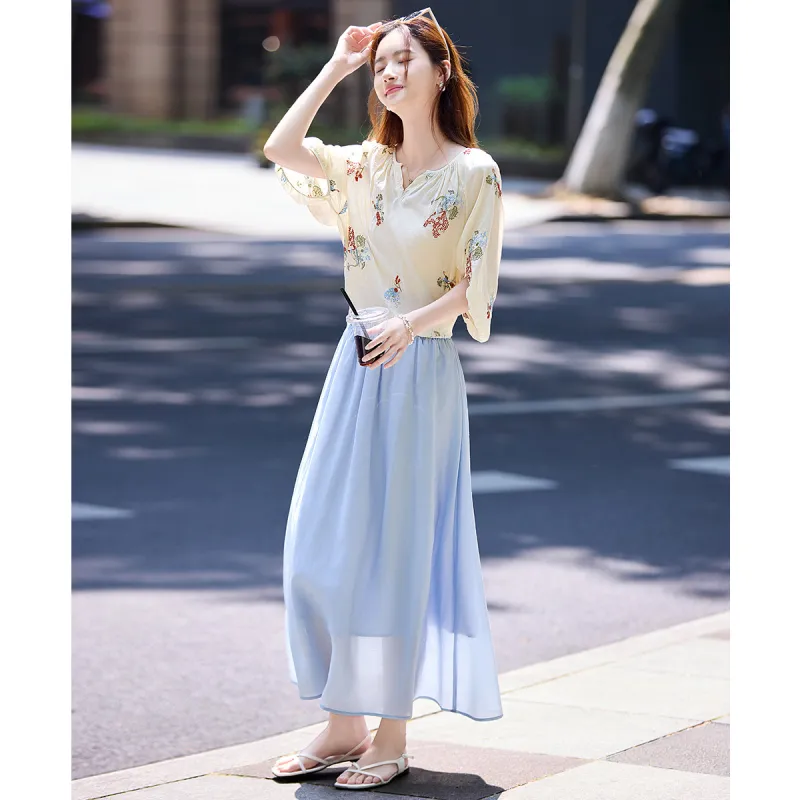 Still quiet Two Piece Skirt Sets Women's Apricot+Blue/Multicolor-3