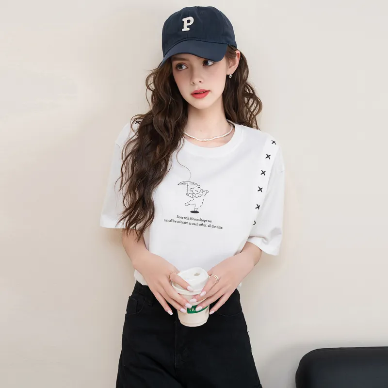 FAWENXIANGZI Drop Shoulder Sleeve T Shirt Women's-6