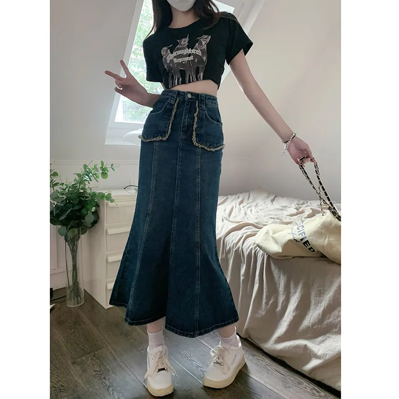 MPOX Denim Long Skirts Women's Dark Blue-1