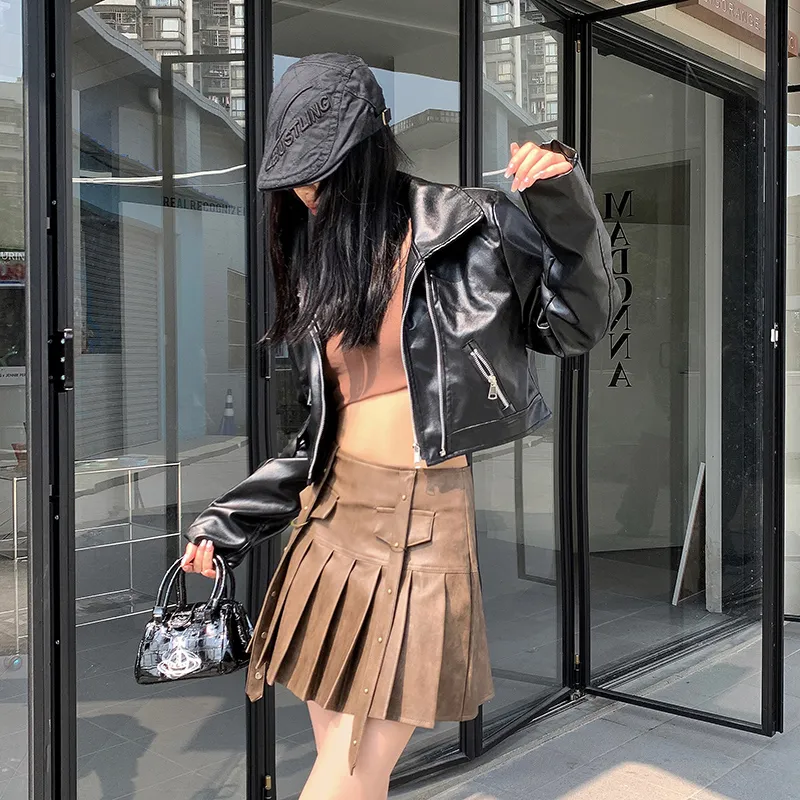 YINLEI Leather Short Skirts Women's-3