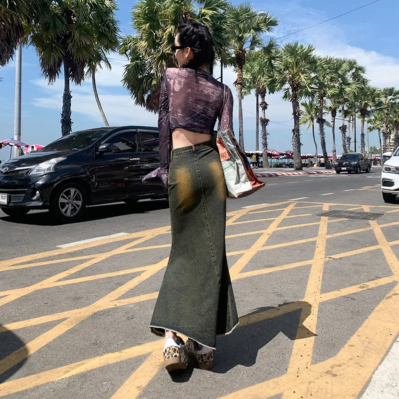 YINLEI Denim Long Skirt Women's-4