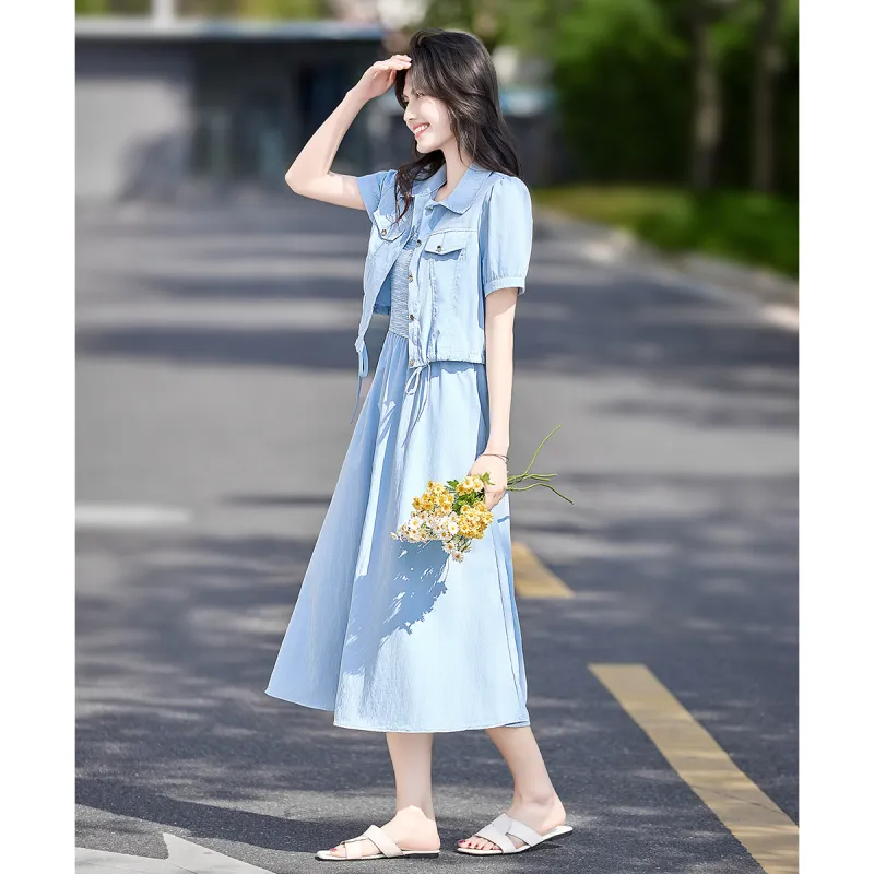 Still quiet Two Piece Skirt Sets Women's Blue-3
