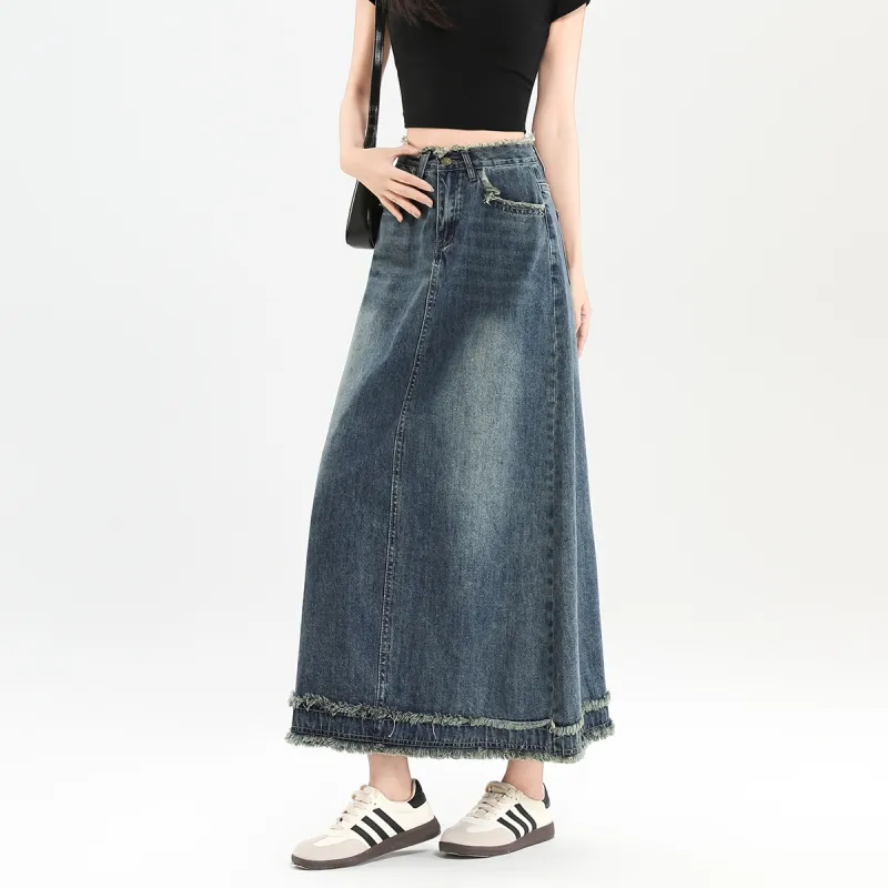 FAWENXIANGZI Denim Long Skirt Women's-1