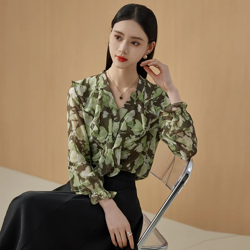 Hang Yi Court Shirt Women's Green Floral-6