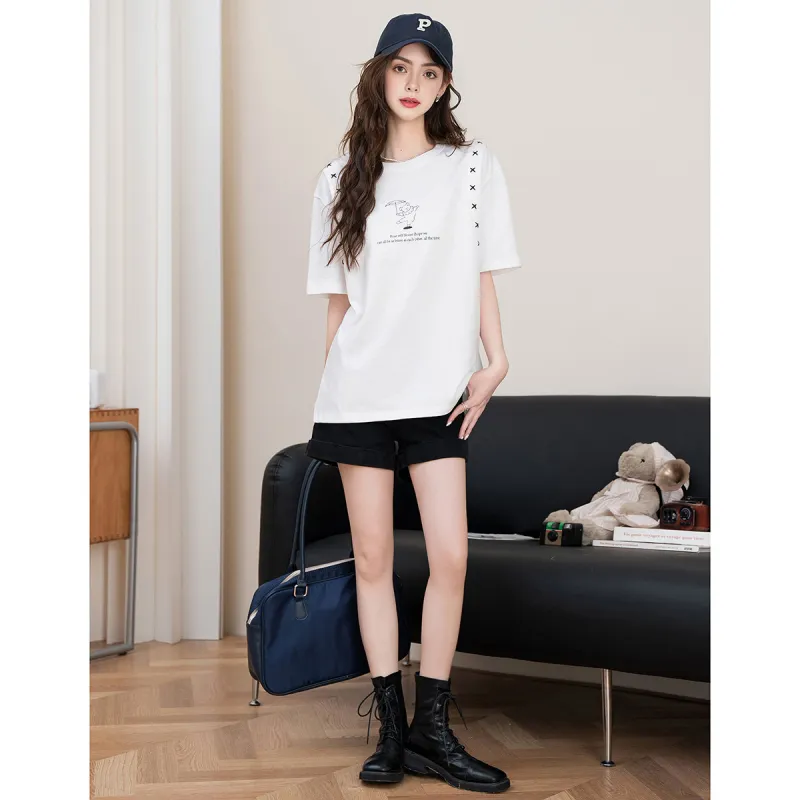 FAWENXIANGZI Drop Shoulder Sleeve T Shirt Women's-1