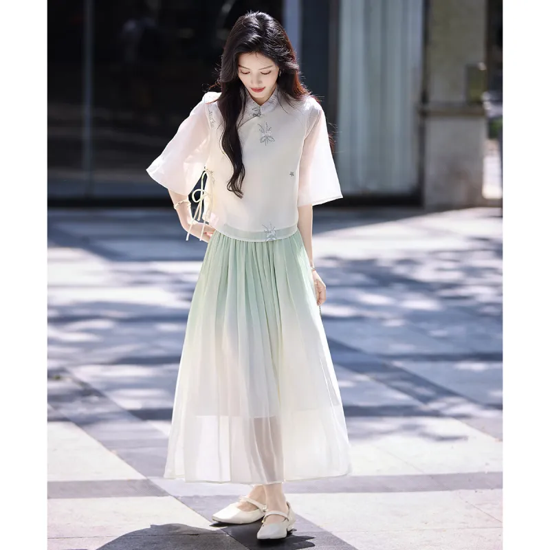 Still quiet Two Piece Skirt Sets Women's Apricot+Green-4