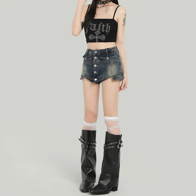 YINLEI Denim Shorts Women's Vintage Blue-4