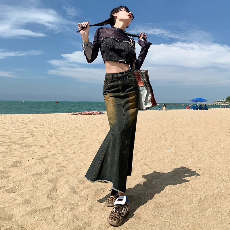YINLEI Denim Long Skirt Women's-2