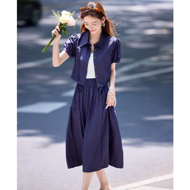Still quiet Two Piece Skirt Sets Women's Denim Blue-1