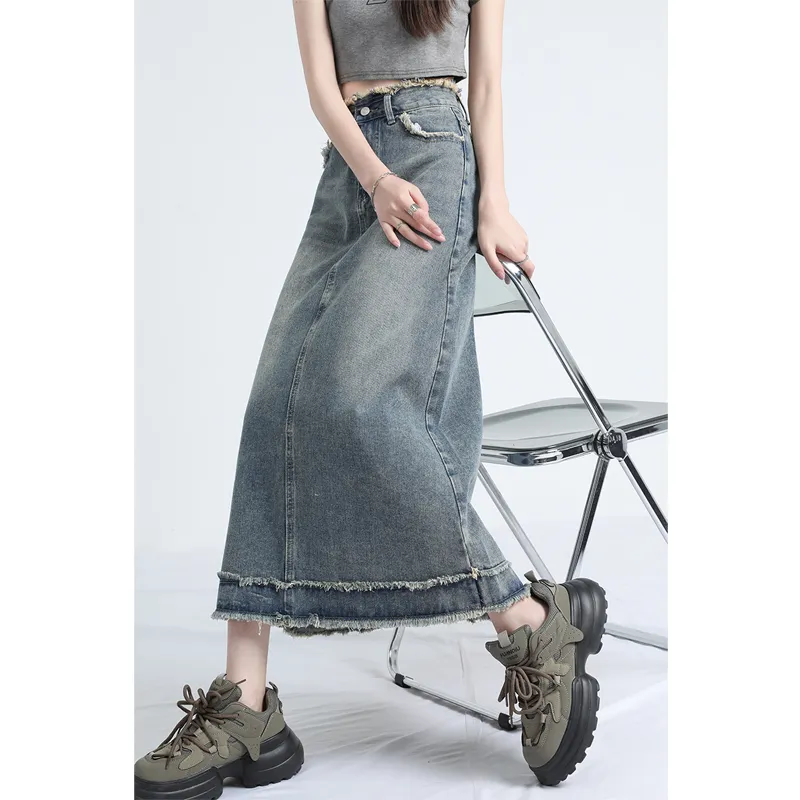 MPOX Denim Long Skirts Women's Vintage Blue-2