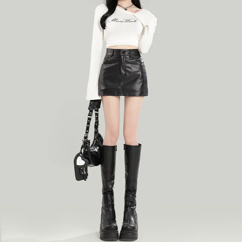YINLEI Leather Short Skirts Women's-2