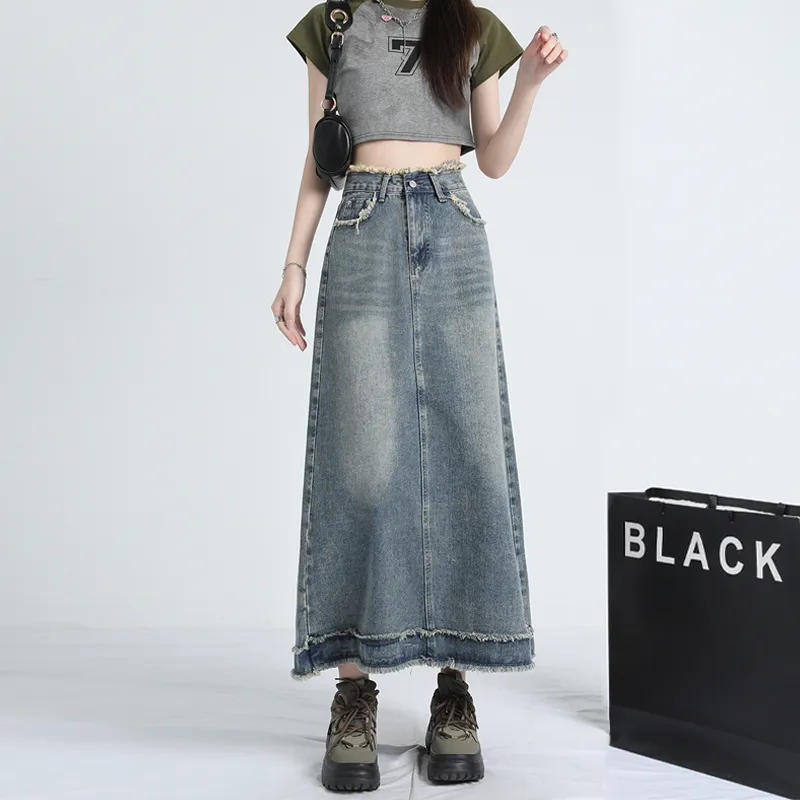 MPOX Denim Long Skirts Women's Vintage Blue-3