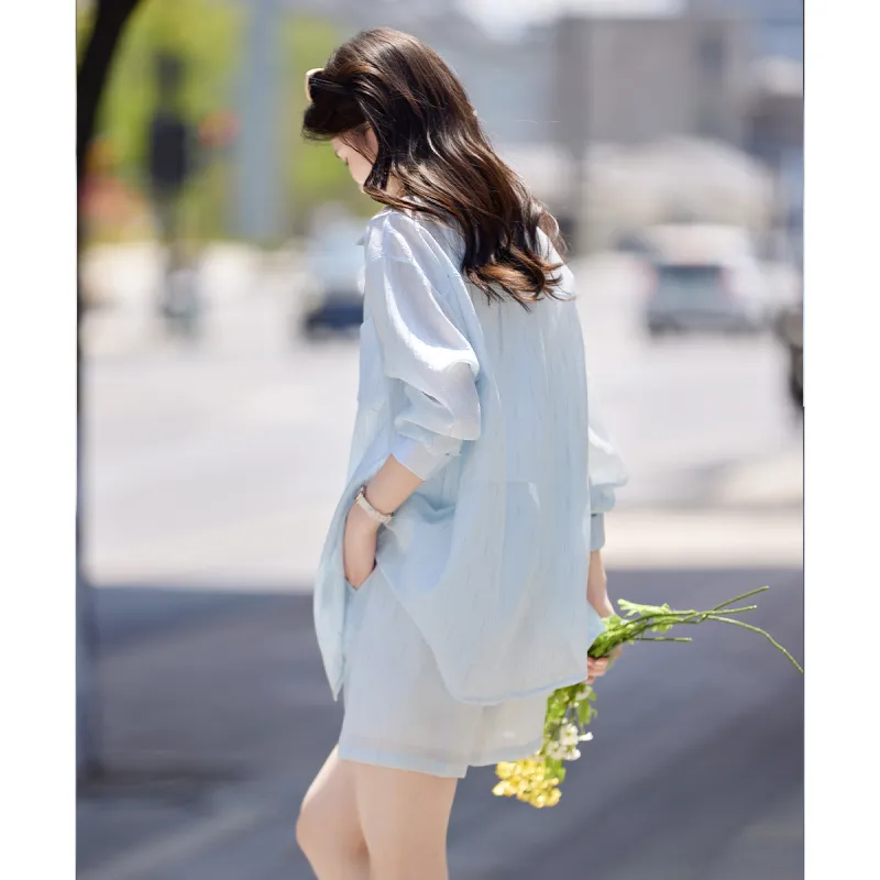 Still quiet Two Piece Skirt Sets Women's Blue+White-5
