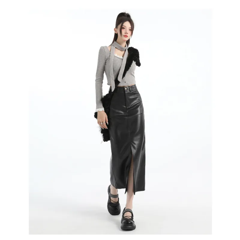 YINLEI Leather Long Skirt Women's-5
