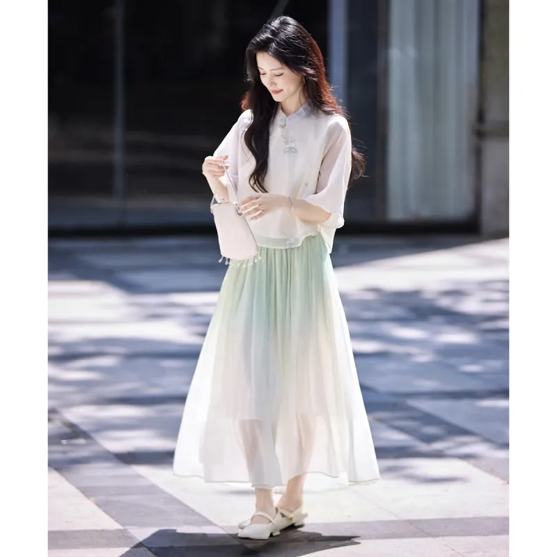 Still quiet Two Piece Skirt Sets Women's Apricot+Green-3