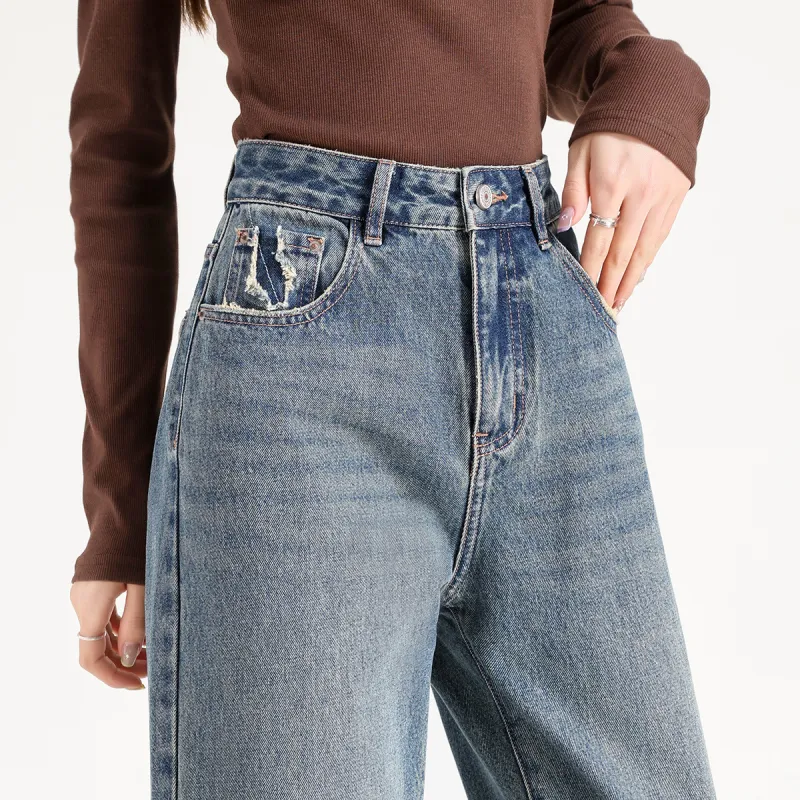 FAWENXIANGZI Jeans Women's Vintage Blue-5