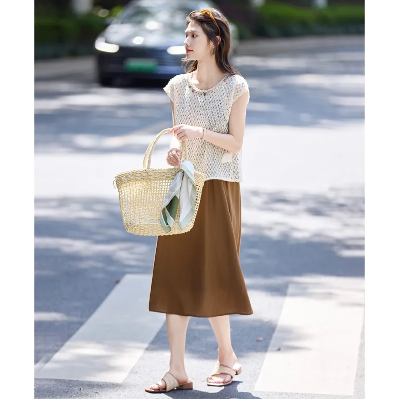 Still quiet Two Piece Skirt Sets Women's Beige+Coffee-4