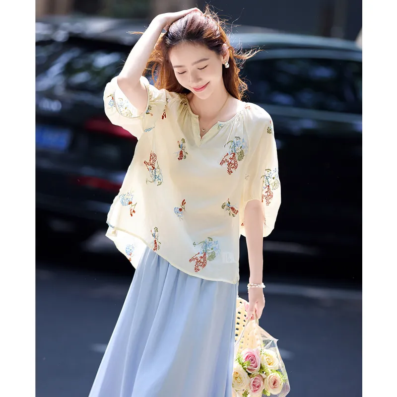 Still quiet Two Piece Skirt Sets Women's Apricot+Blue/Multicolor-2