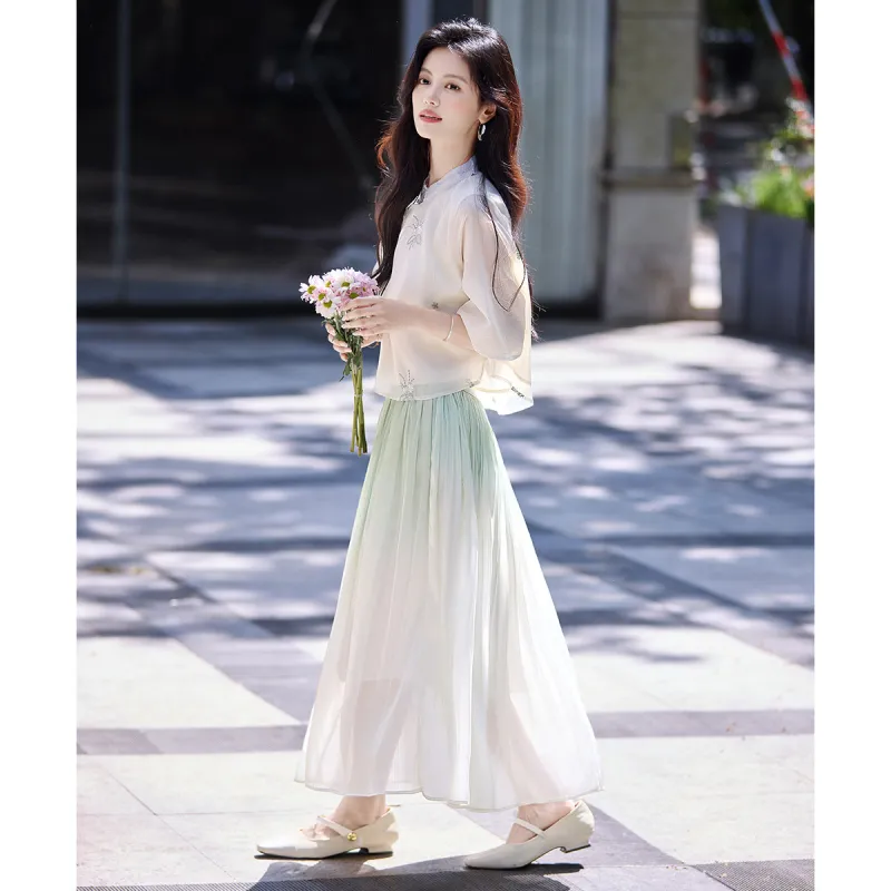 Still quiet Two Piece Skirt Sets Women's Apricot+Green-5