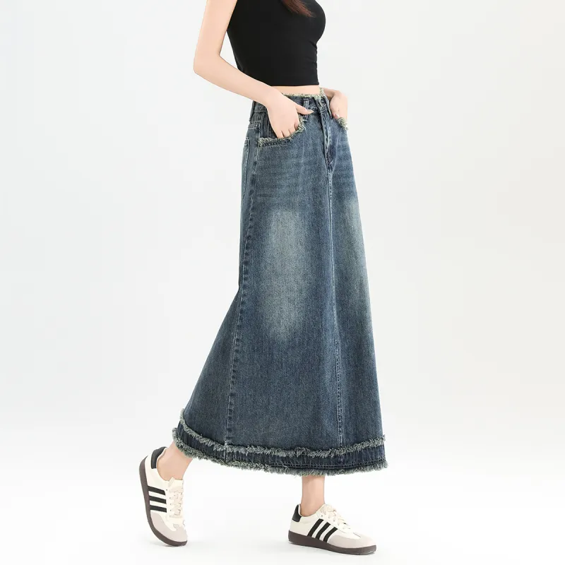 FAWENXIANGZI Denim Long Skirt Women's-3