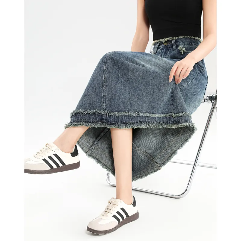 FAWENXIANGZI Denim Long Skirt Women's-2