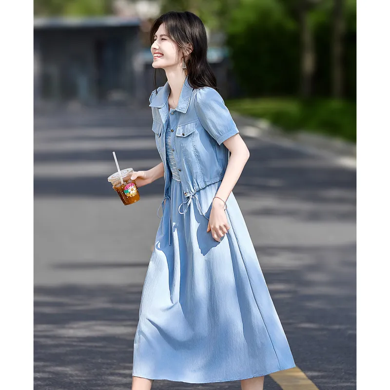 Still quiet Two Piece Skirt Sets Women's Blue-1