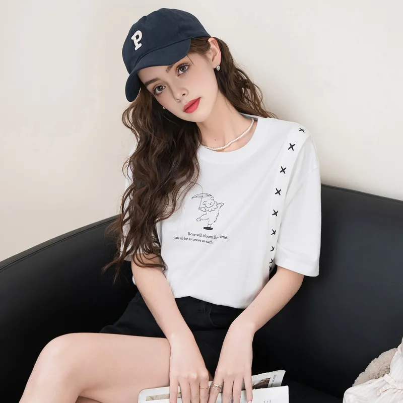 FAWENXIANGZI Drop Shoulder Sleeve T Shirt Women's-2