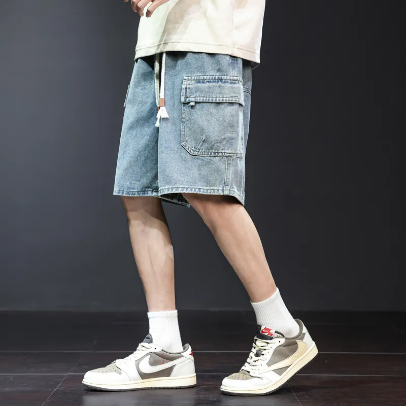 Tonlion Denim Shorts Men Vintage Light Blue-4