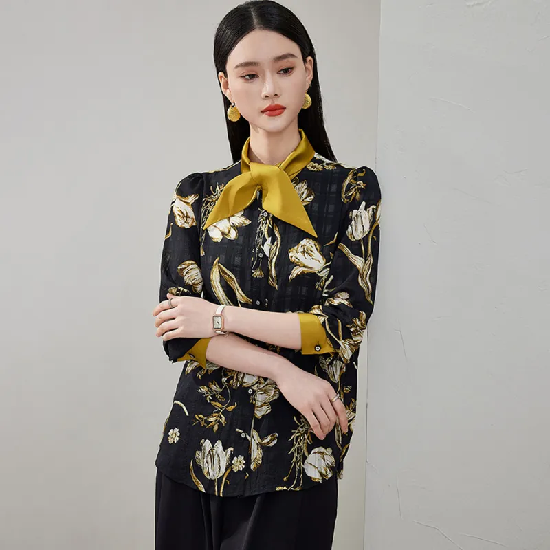 Hang Yi Court Shirts Women's Black Floral-8