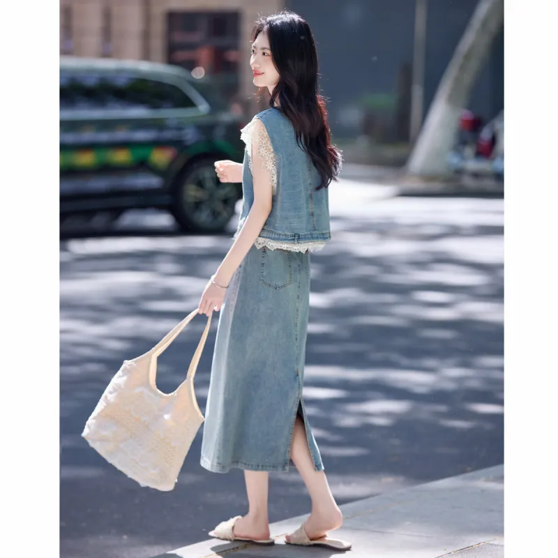 Still quiet Two Piece Skirt Sets Women's Blue-3