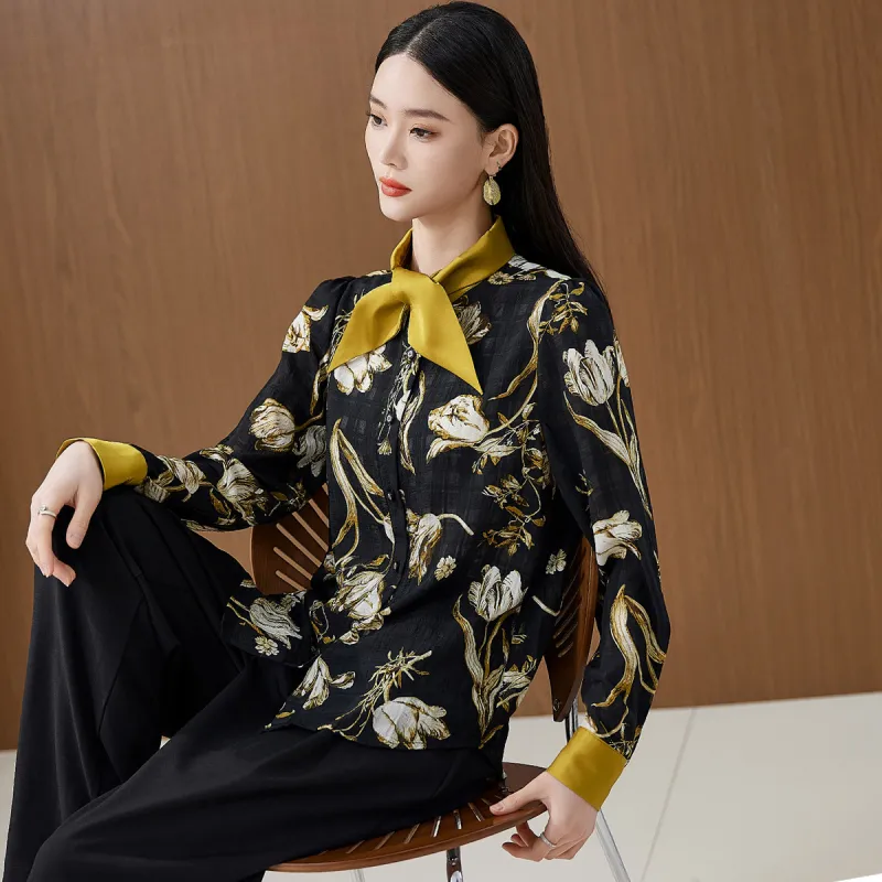 Hang Yi Court Shirts Women's Black Floral-4