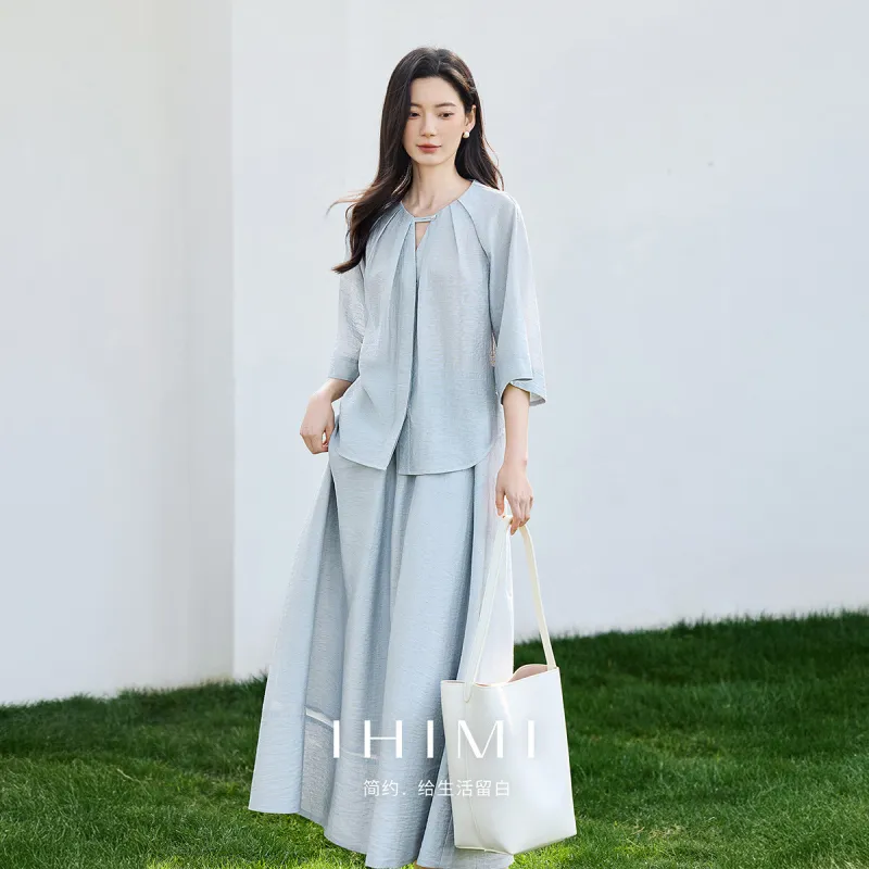 IHIMI Two Piece Skirt Sets Women's Light Gray Blue-3