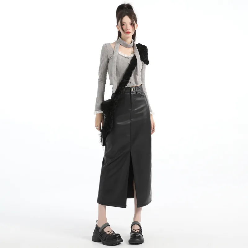 YINLEI Leather Long Skirt Women's-2