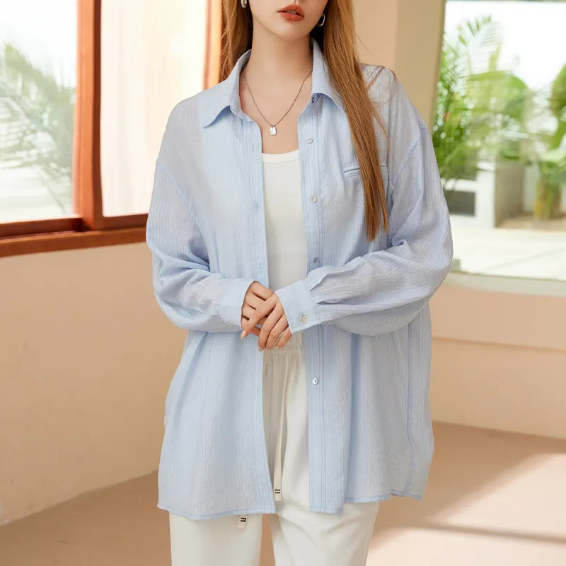 FAWENXIANGZI Shirts Women's Light Blue-0
