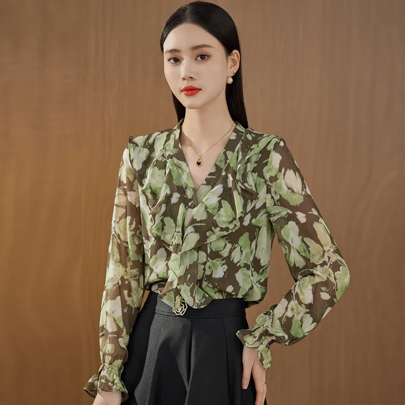 Hang Yi Court Shirt Women's Green Floral-5
