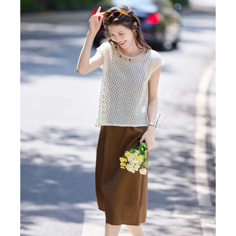 Still quiet Two Piece Skirt Sets Women's Beige+Coffee-1