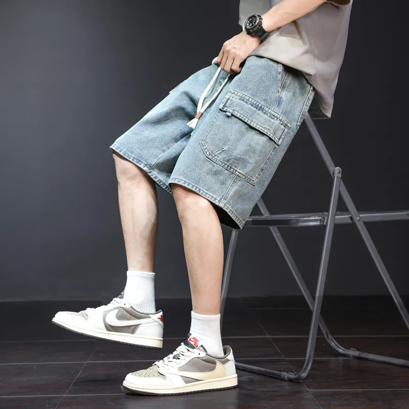 Tonlion Denim Shorts Men Vintage Light Blue-5