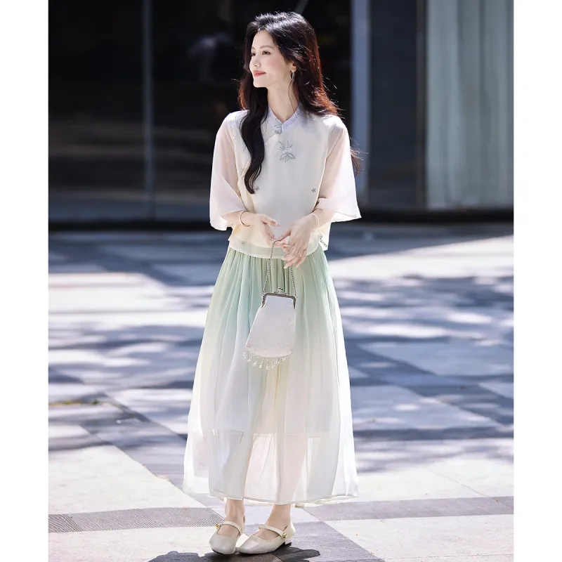 Still quiet Two Piece Skirt Sets Women's Apricot+Green-2