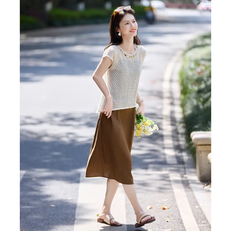 Still quiet Two Piece Skirt Sets Women's Beige+Coffee-3