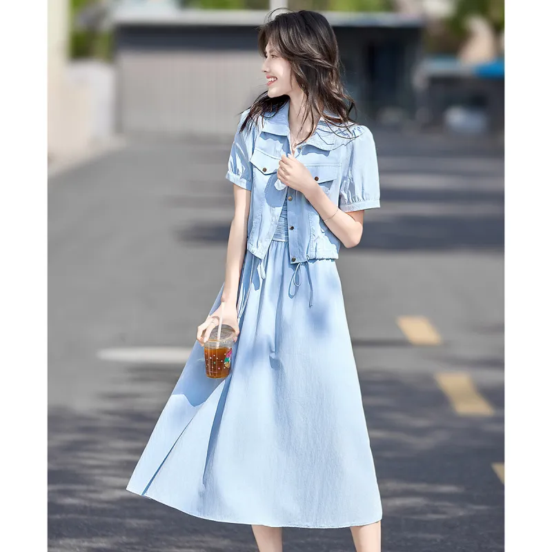 Still quiet Two Piece Skirt Sets Women's Blue-2