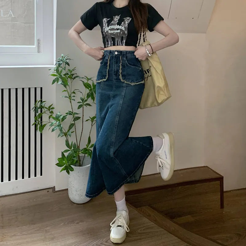 MPOX Denim Long Skirts Women's Dark Blue-3