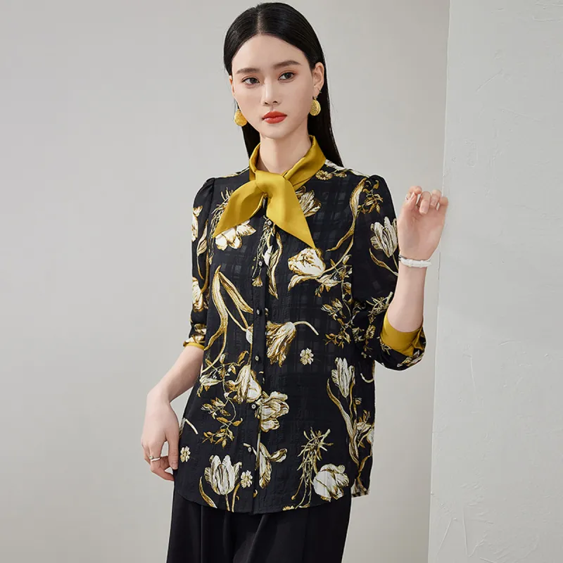 Hang Yi Court Shirts Women's Black Floral-3