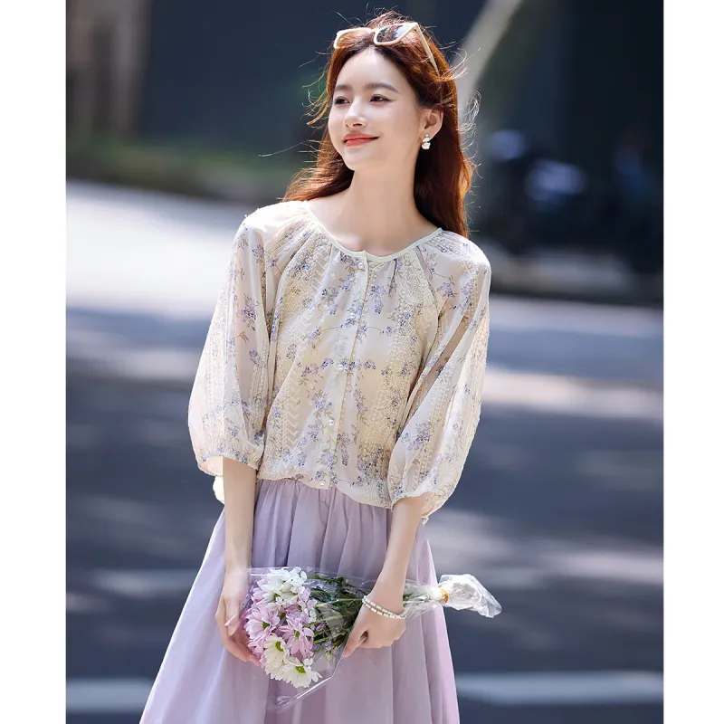 Still quiet Shirts Women's Apricot+Purple Flower-1