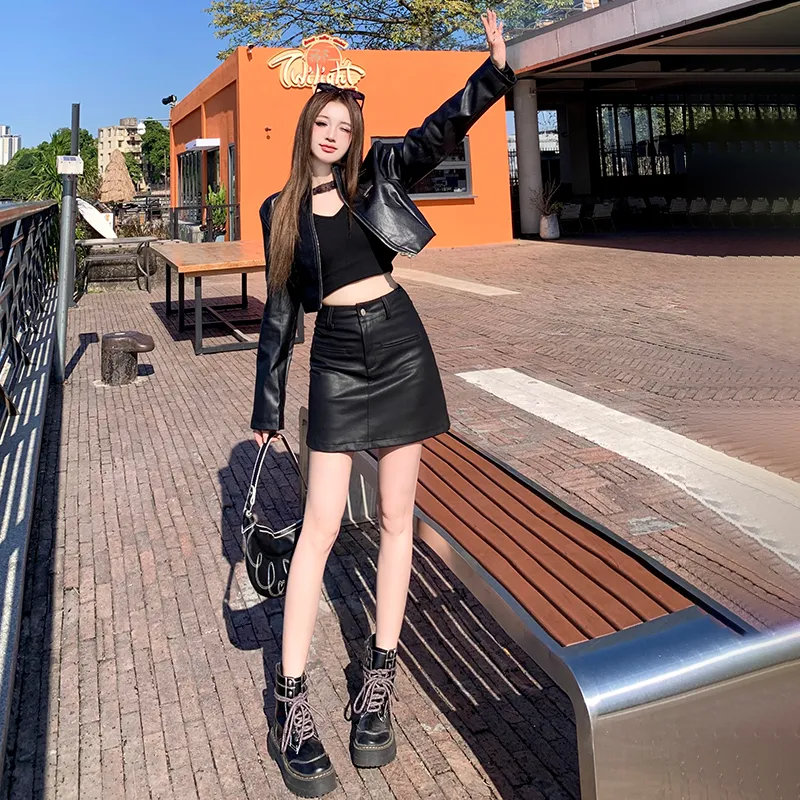 YINLEI Leather Short Skirts Women's-4
