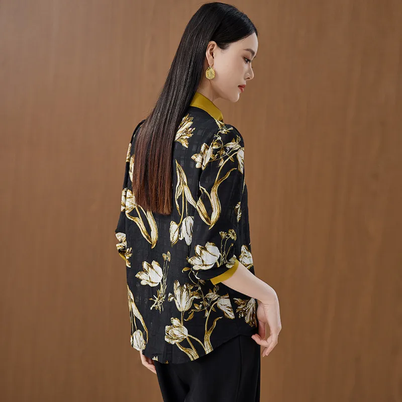 Hang Yi Court Shirts Women's Black Floral-9