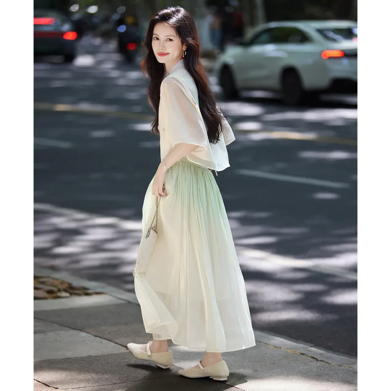 Still quiet Two Piece Skirt Sets Women's Apricot+Green-1
