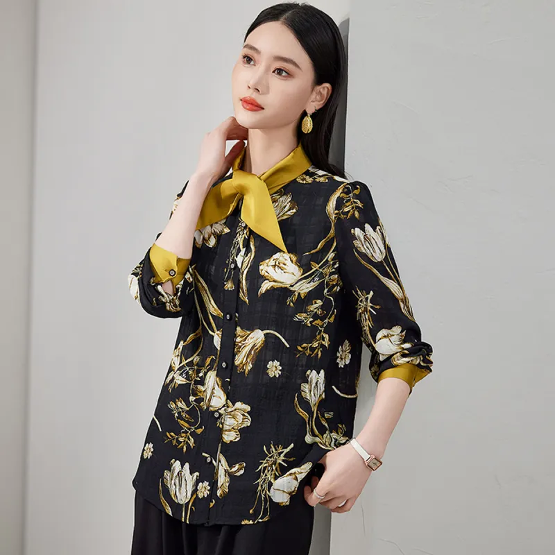 Hang Yi Court Shirts Women's Black Floral-2