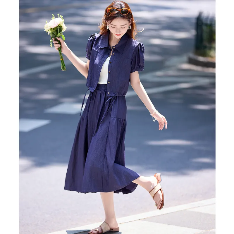 Still quiet Two Piece Skirt Sets Women's Denim Blue-2